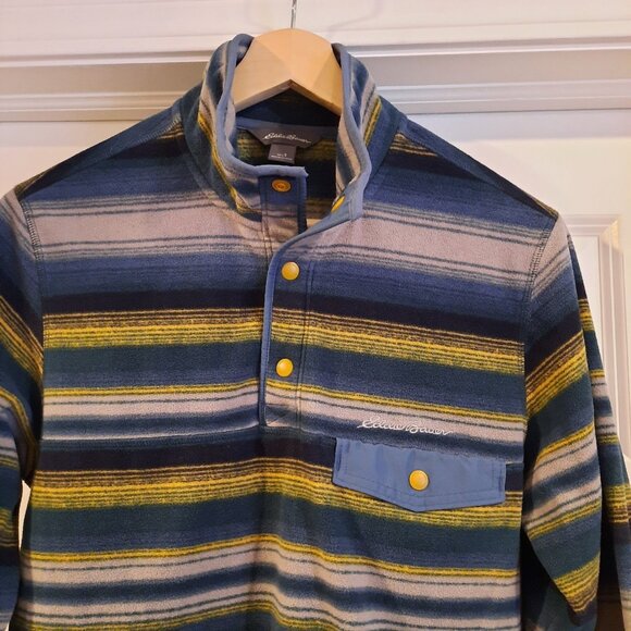 Eddie‎ Bauer Fleece Mens Small Blue Striped Snap Up Sweatshirt Southwest Hiking - Picture 3 of 9